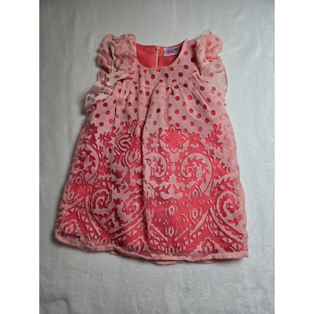 Chipy! Girls Coral Pink Burnout Polka Dot Damask Ruffle Cotton Dress Size 2